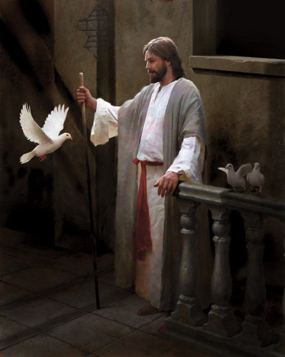 Jesus Christ standing with a staff next to a flying white dove.