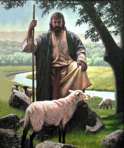 Jesus locating a lost lam with a river and other sheep in the back ground.